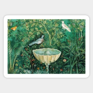 POMPEII COLLECTION,LITTLE BIRDS,DOVES AND FOUNTAIN IN GARDEN ,GREEN FLORAL Sticker